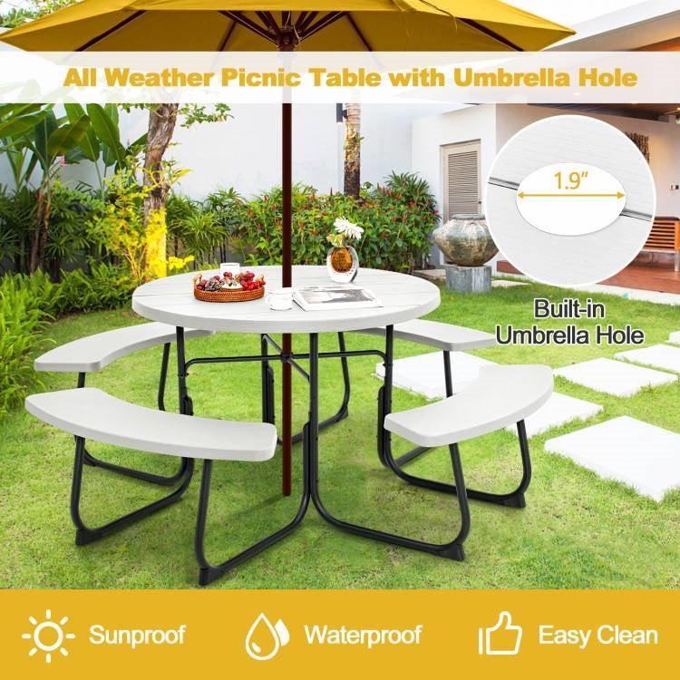 White Outdoor Metal and HDPE Picnic Table Bench Set with Umbrella Hole - Seats 8 - PRHOMZ