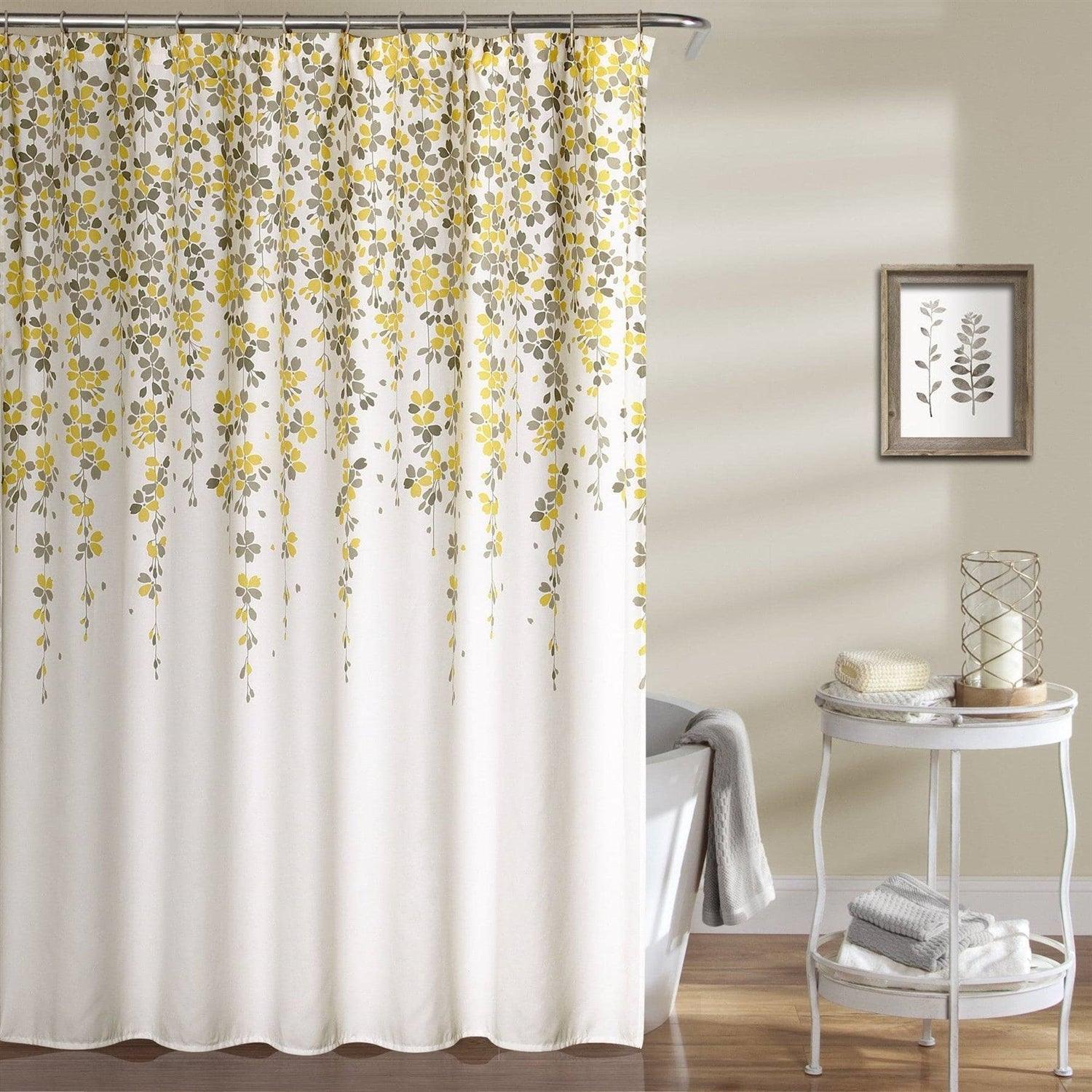 72-inch Off-White Beige Cream Yellow Grey Floral Vines Flowers Shower Curtain - PRHOMZ