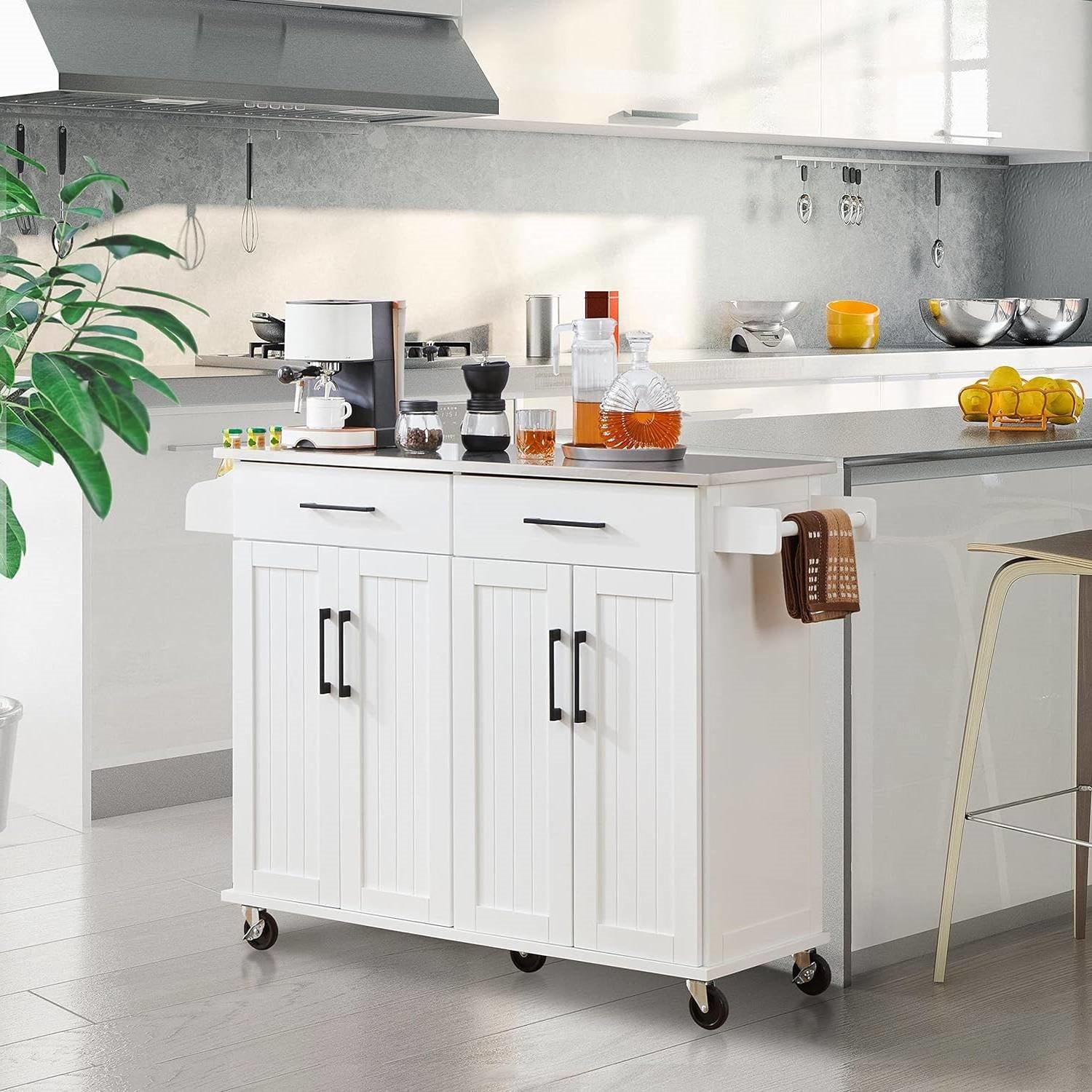 White Kitchen Cart Island with Stainless Steel Top 2 Drawers and Cabinet - PRHOMZ