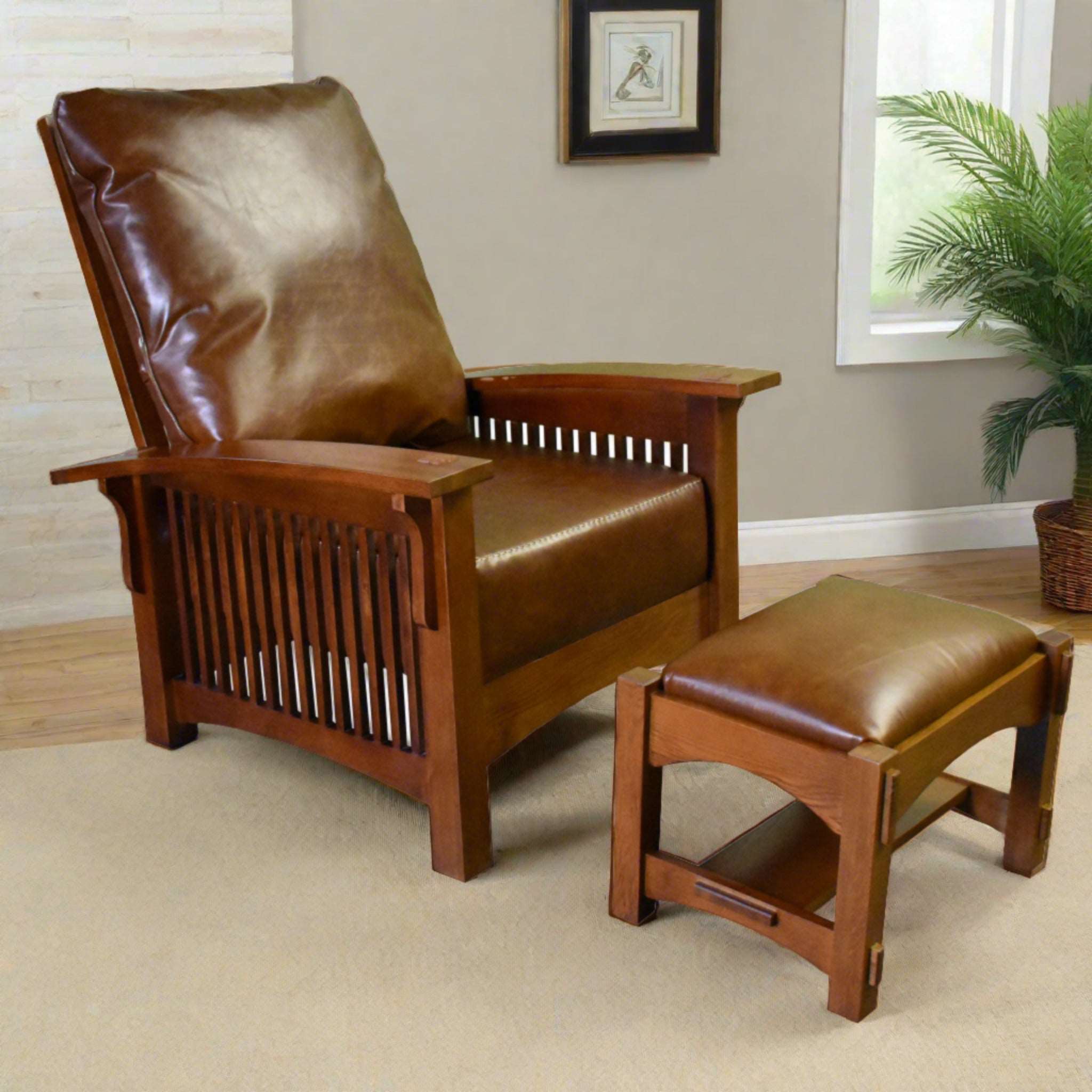Craftsman / Mission Morris Arm Chair and Ottoman Set - Chestnut