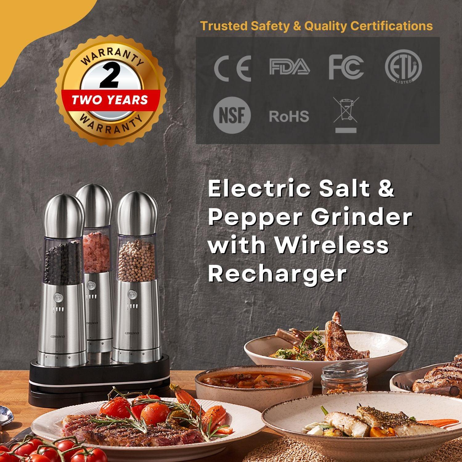 COSPRO 3-in-1 Electric Salt and Pepper Grinder Set with Adjustable Coarseness and USB Charging