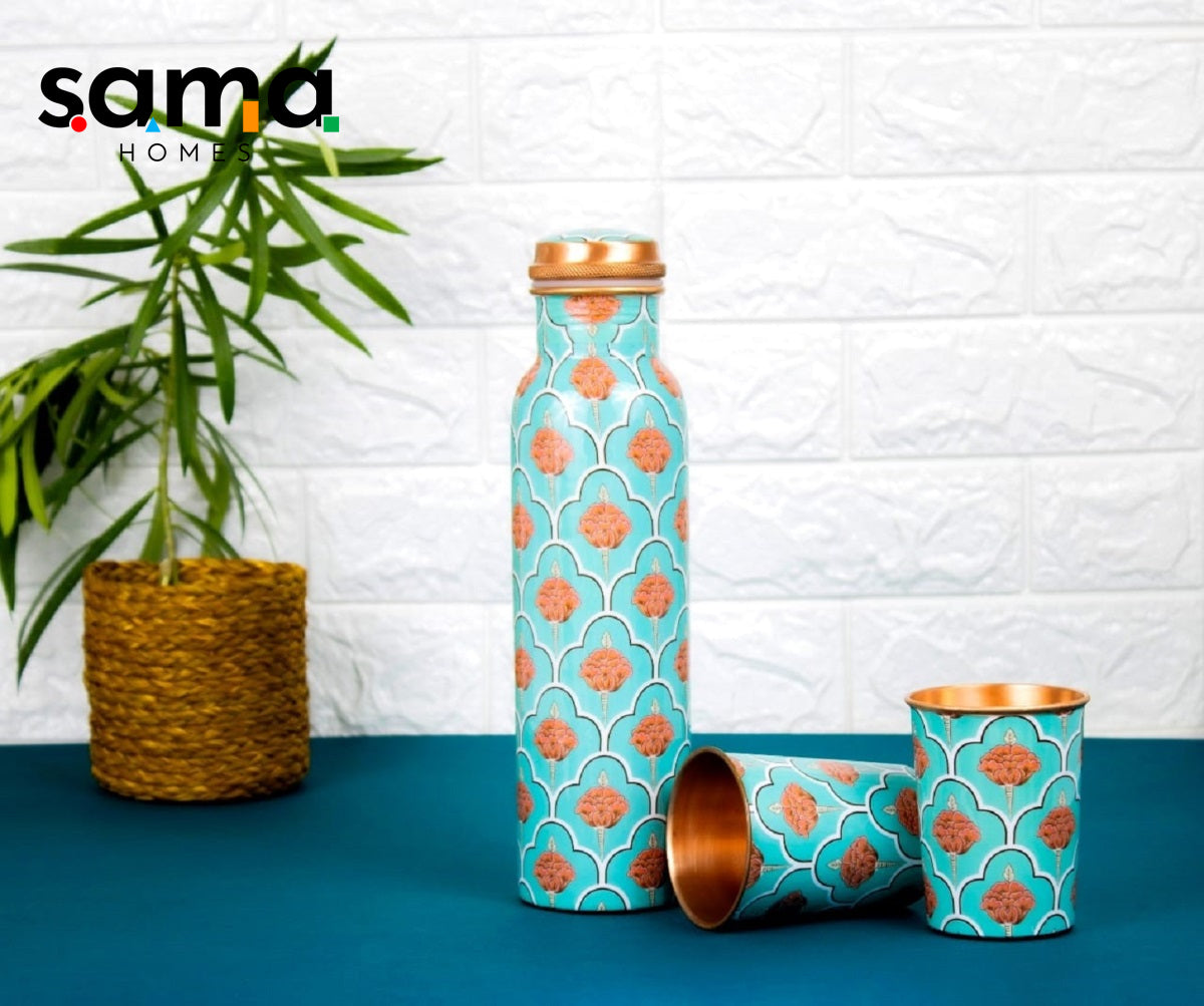 Exclusive Refreshing Green Digital Printed Copper Bottle with 2 Glasses / Tumbler Set of 3 Capacity 1450 ML-0