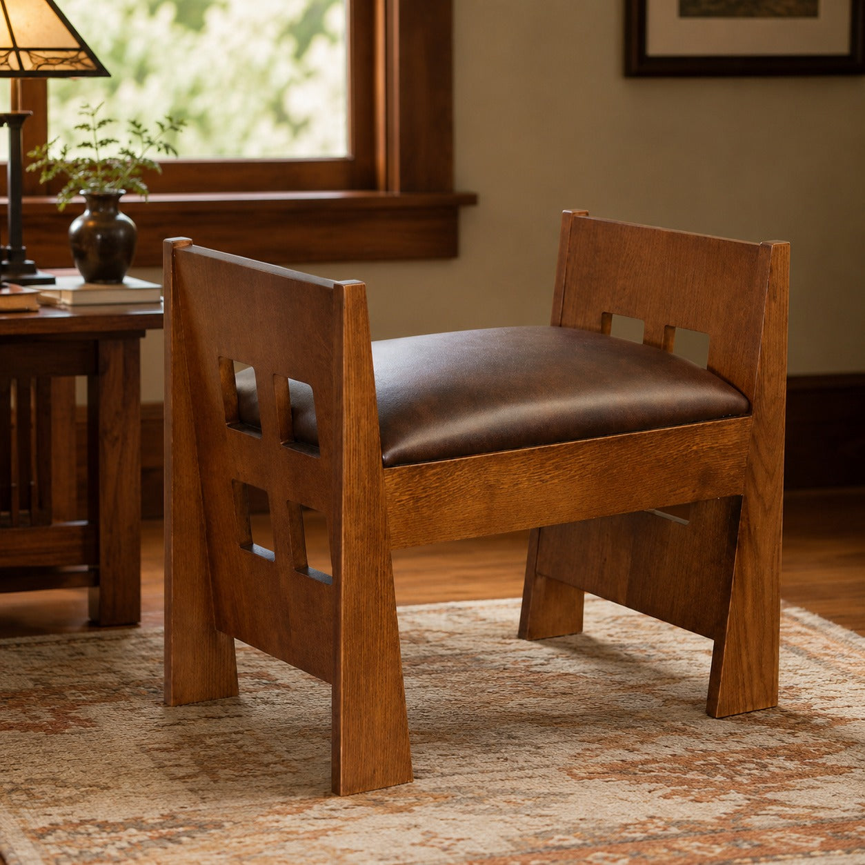 Mission Style Oak and Leather Foot Stool - Model A31