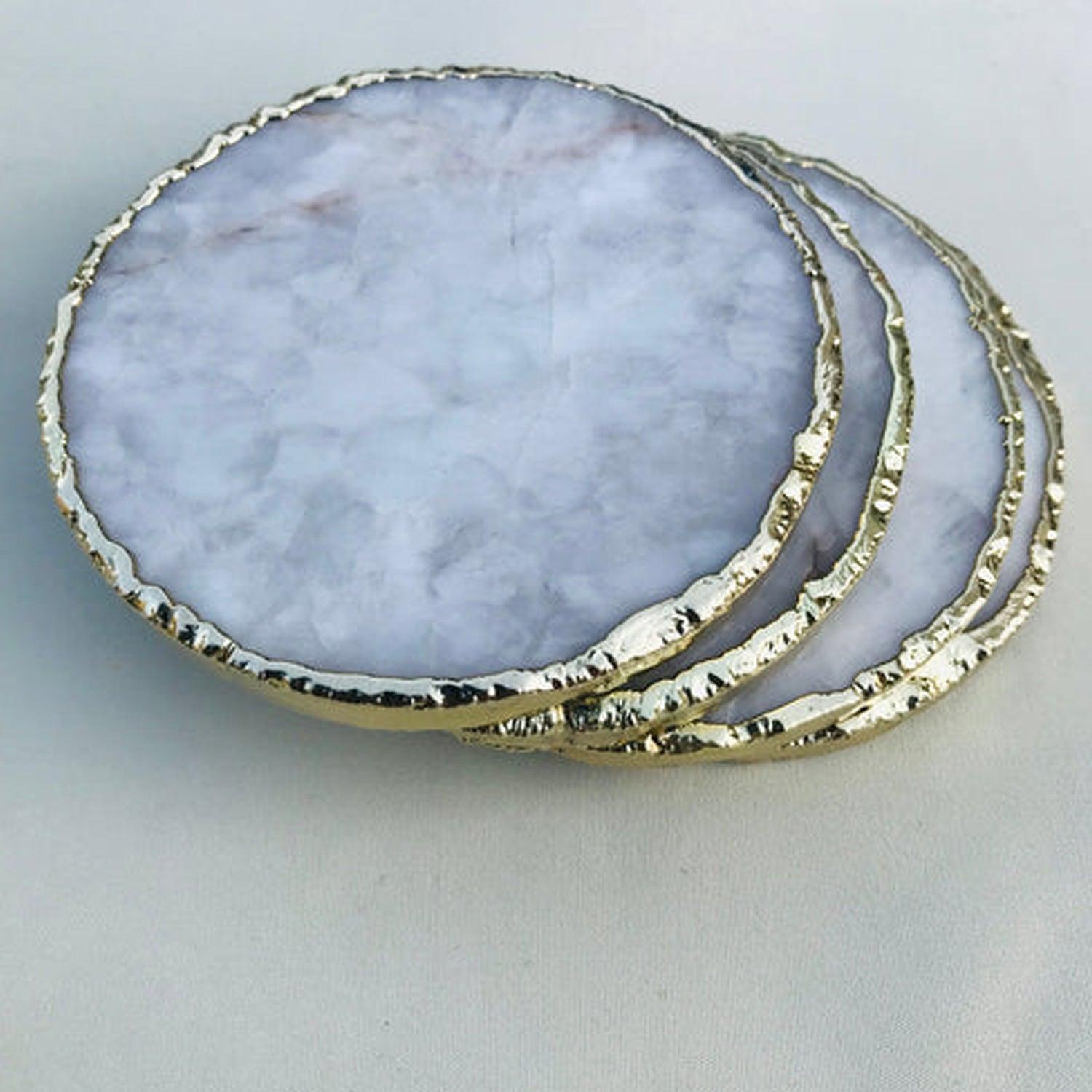 White Agate Hand Rounded Coasters - Set of 4 Large Coasters/Personalised Momentos - PRHOMZ