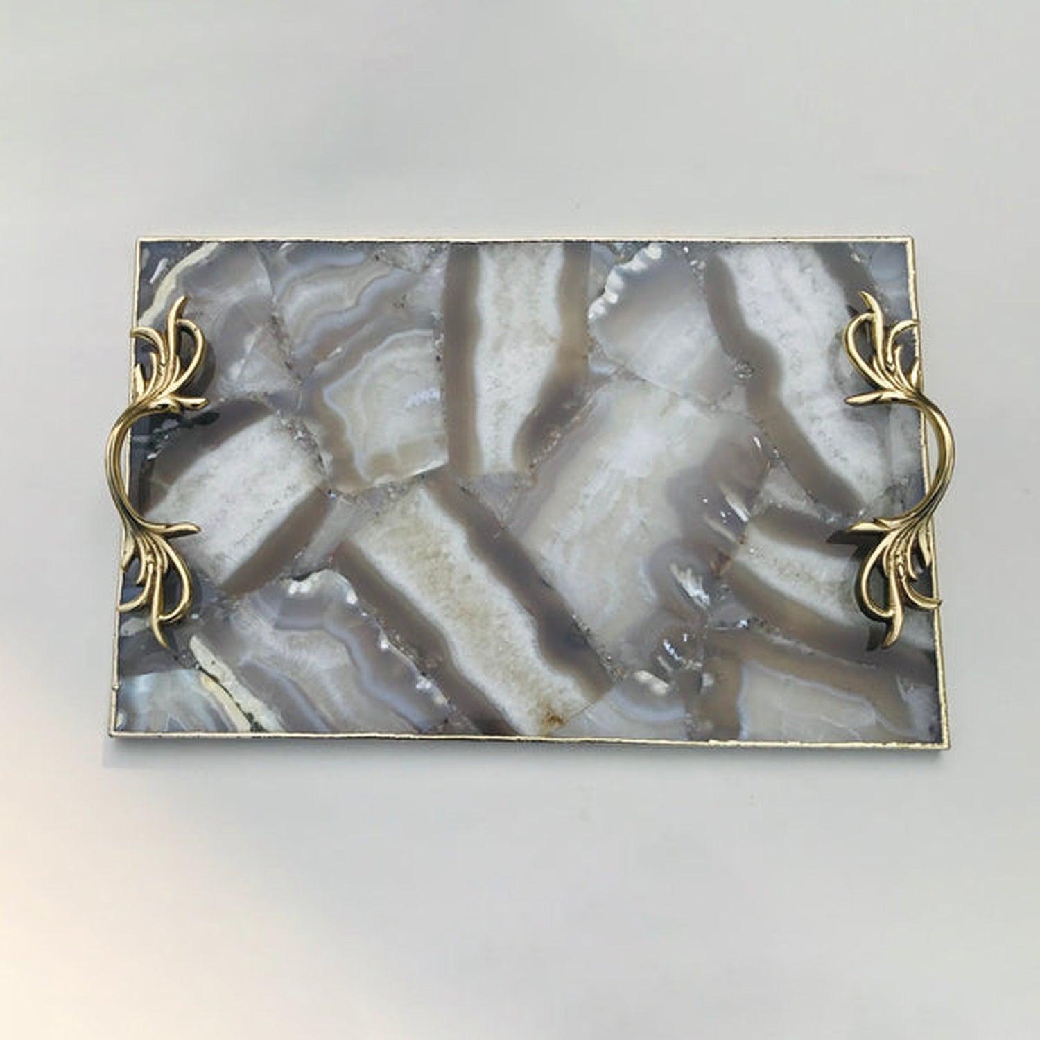 Wild Agate Serving Tray With Brass Handles - PRHOMZ
