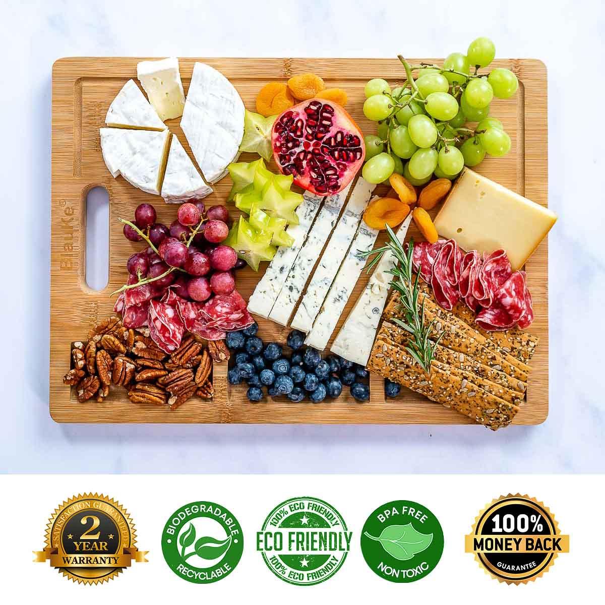 Extra Large Bamboo Cutting Board - 17x12.5 inch Wood Cutting Board for Meat, Cheese, Veggies - Wood Serving Tray with Juice Groove and 3 Compartments - PRHOMZ