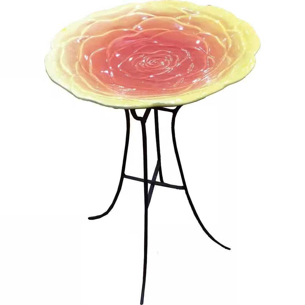 Outdoor Yellow Pink Ceramic Floral Birdbath with Metal Stand - PRHOMZ