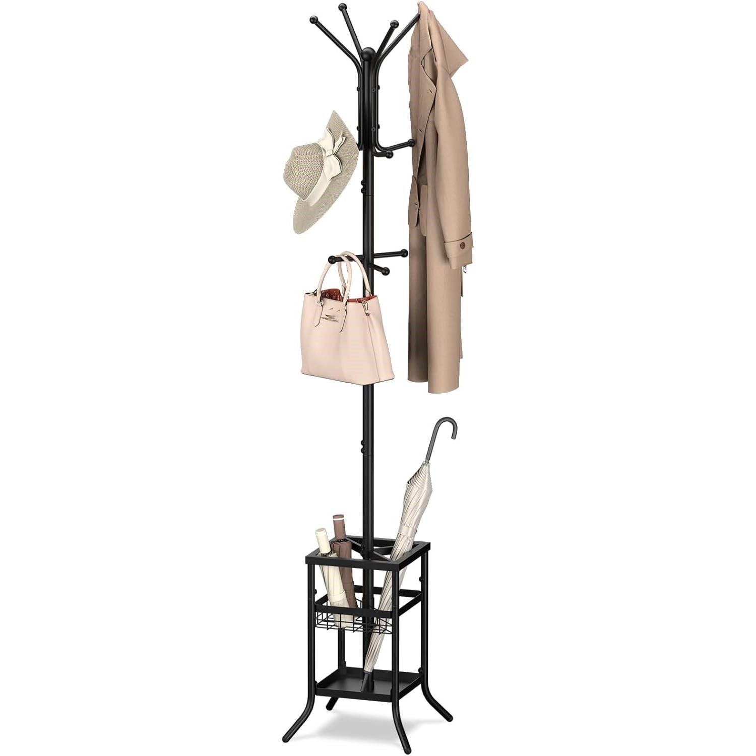 Black Metal Coat Rack Entryway Hall Tree with Umbrella Holder-3