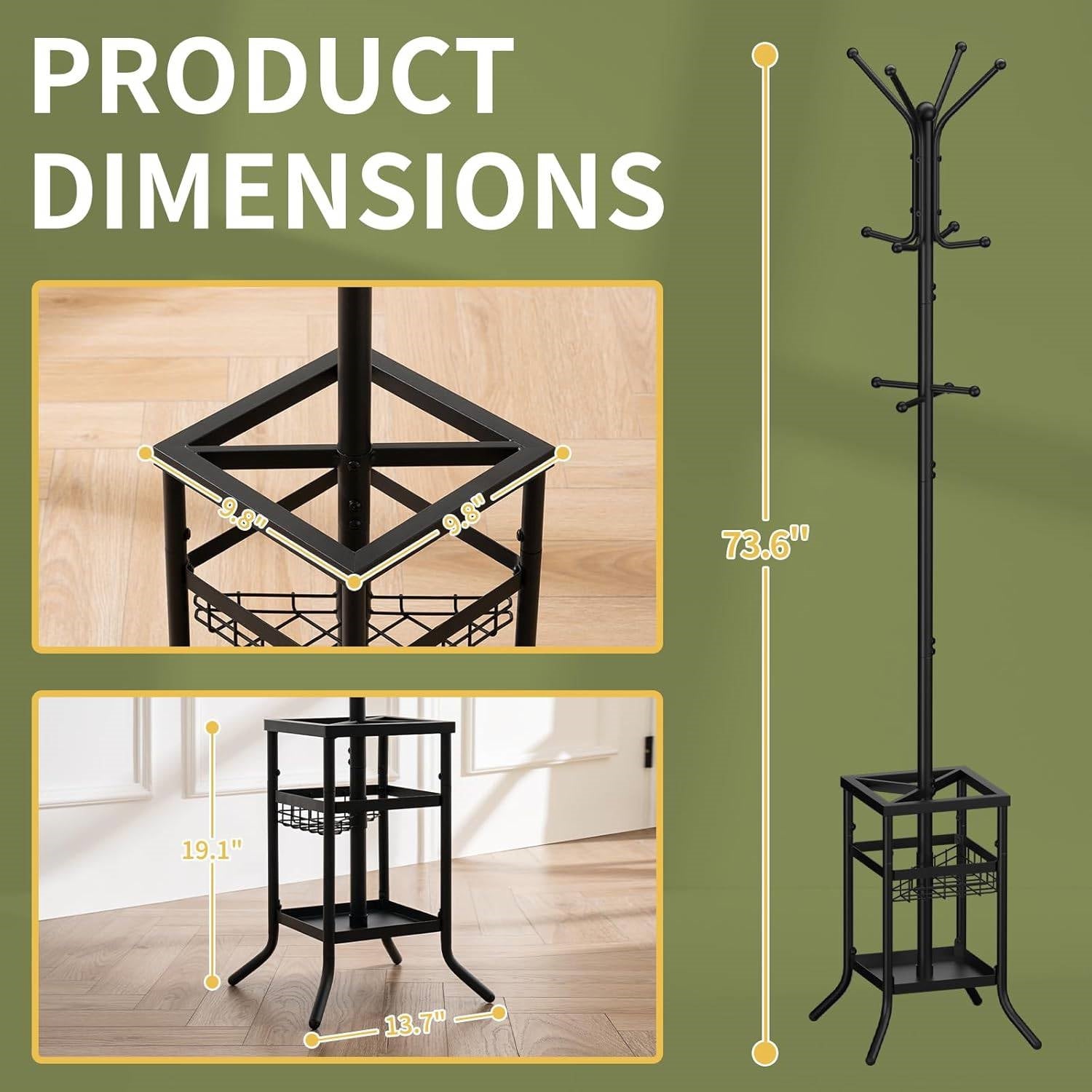 Black Metal Coat Rack Entryway Hall Tree with Umbrella Holder-4