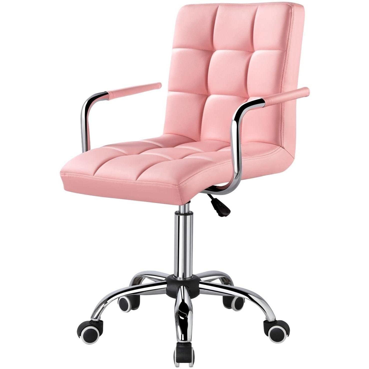 Pink Modern Faux Leather Mid-Back Swivel Office Chair with Armrests and Wheels - PRHOMZ