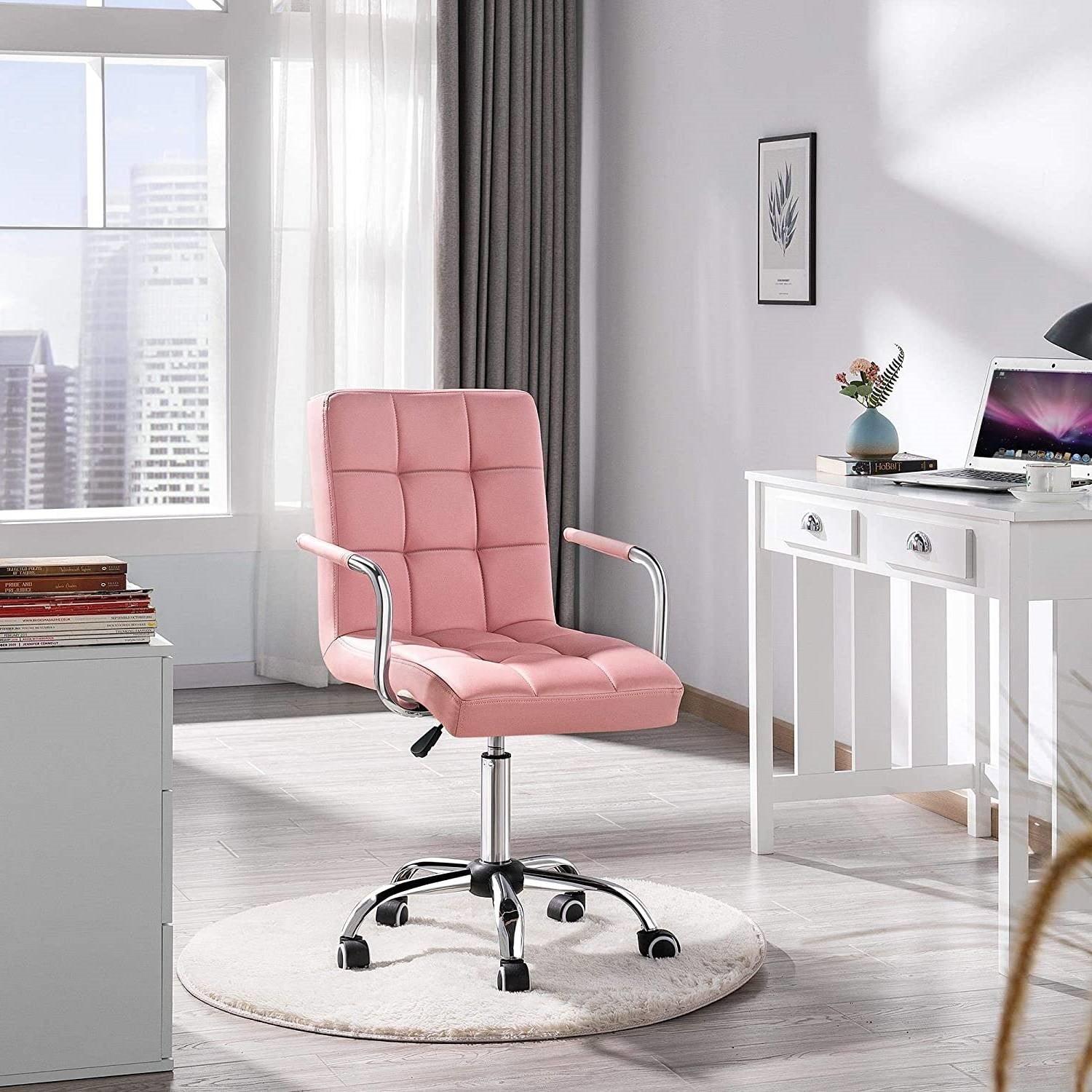 Pink Modern Faux Leather Mid-Back Swivel Office Chair with Armrests and Wheels - PRHOMZ