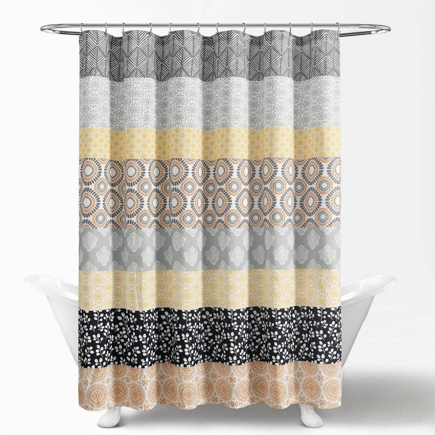 72-in. Yellow Black White Grey Floral Damask Boho Polyester Shower Curtain - PRHOMZ