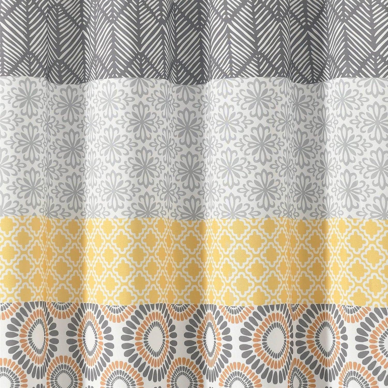 72-in. Yellow Black White Grey Floral Damask Boho Polyester Shower Curtain - PRHOMZ