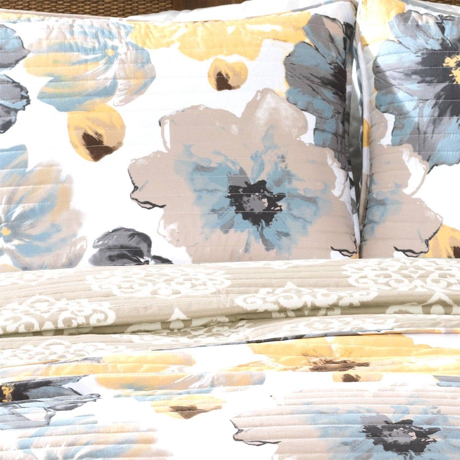 Full/Queen White Yellow Grey Flowers Lightweight Polyester Microfiber Quilt Set - PRHOMZ