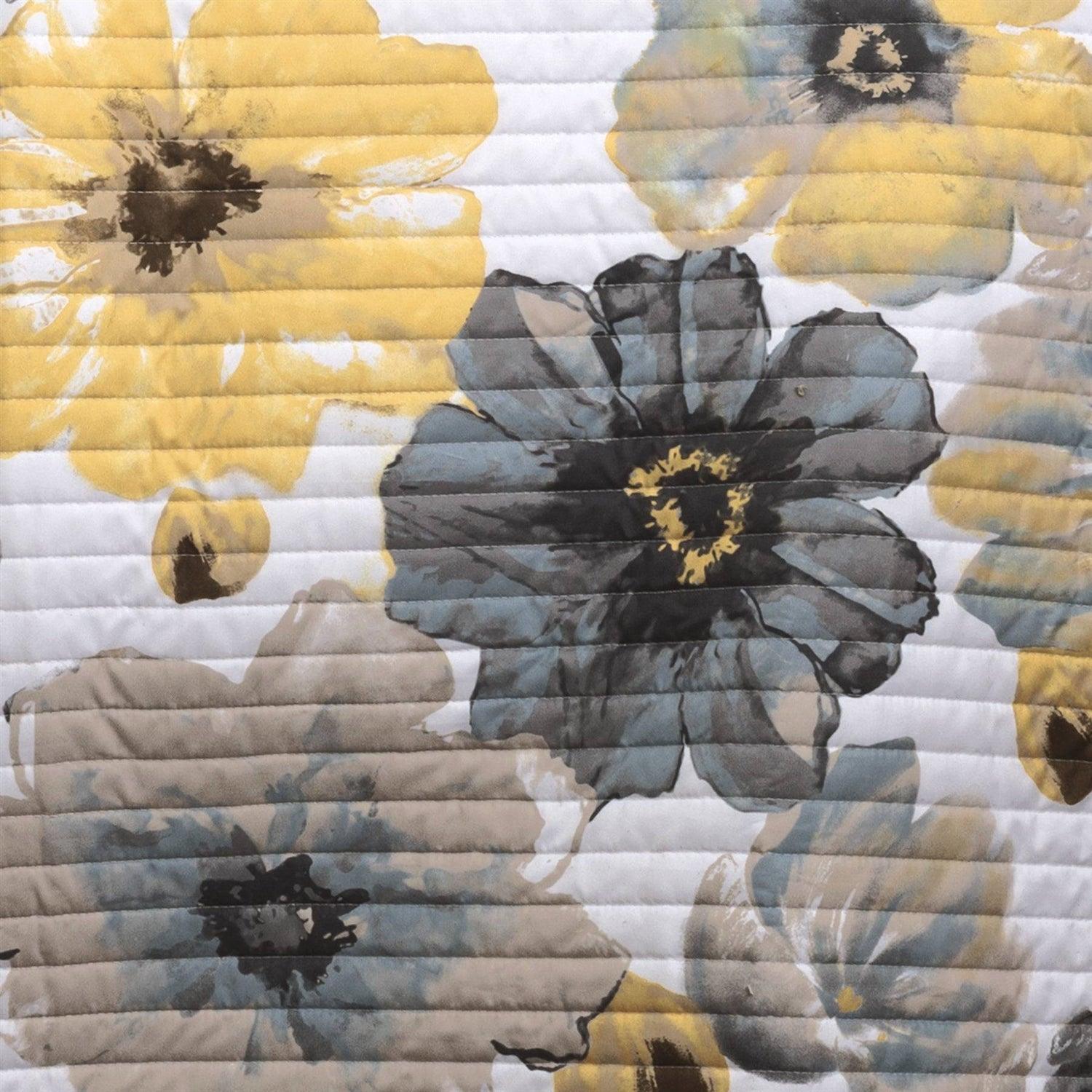 Full/Queen White Yellow Grey Flowers Lightweight Polyester Microfiber Quilt Set - PRHOMZ