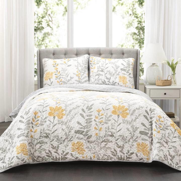 Full/Queen size Yellow Grey Floral Light Thin Cotton Polyester Blend Quilt Set - PRHOMZ