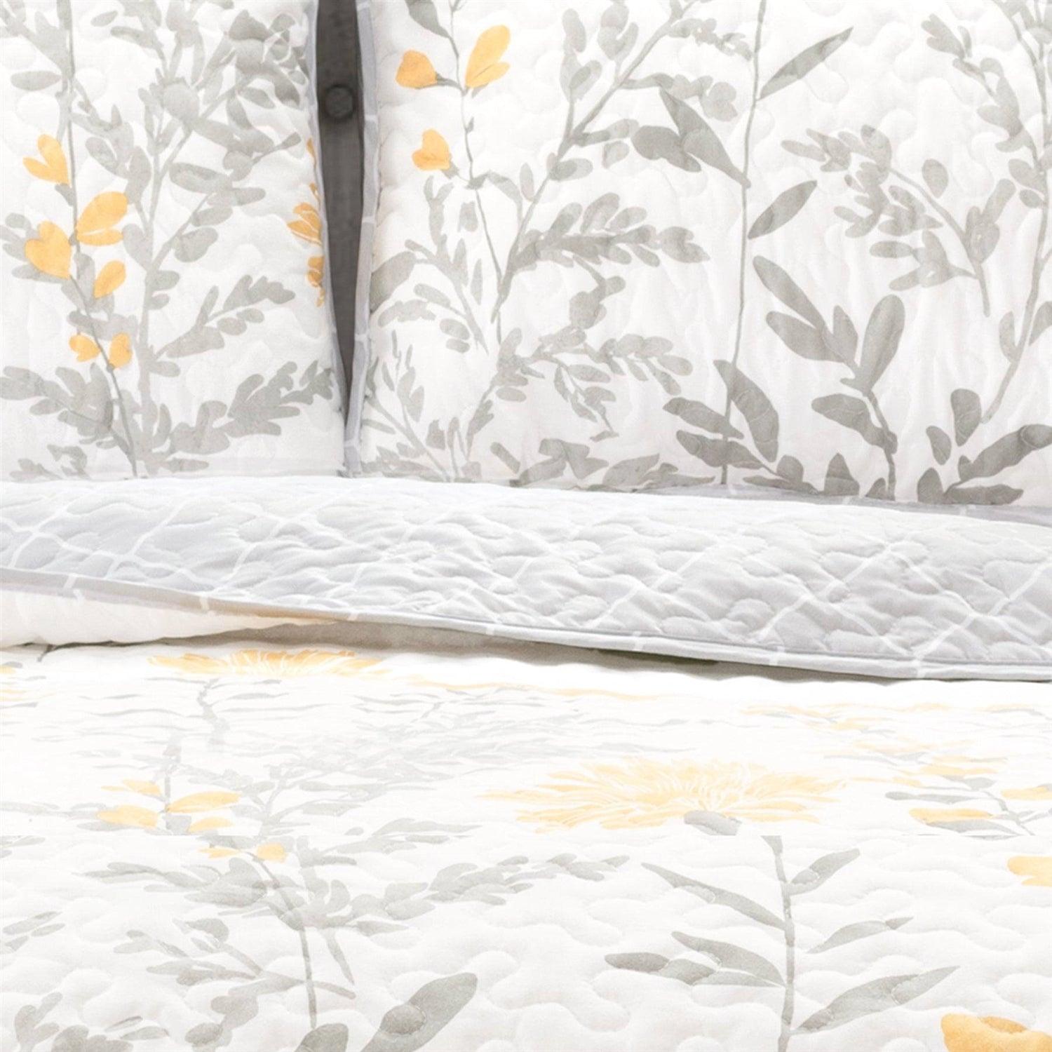 Full/Queen size Yellow Grey Floral Light Thin Cotton Polyester Blend Quilt Set - PRHOMZ