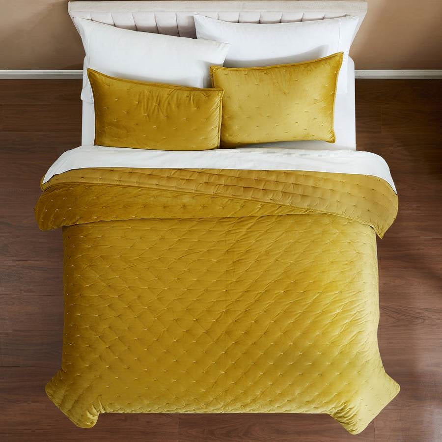 King/CAL King Size 3-Piece Mustard Yellow Velvet Embroidered Super Soft Quilt Set-0