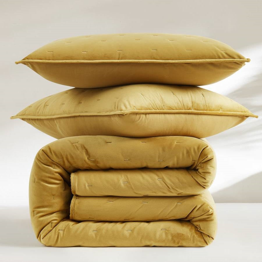 King/CAL King Size 3-Piece Mustard Yellow Velvet Embroidered Super Soft Quilt Set-4