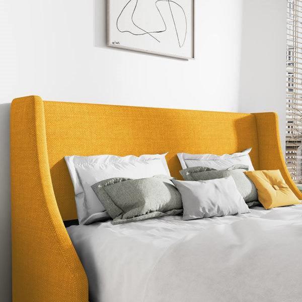 King Size Upholstered Linen Blend Headboard Wingback Platform Bed in Yellow - PRHOMZ