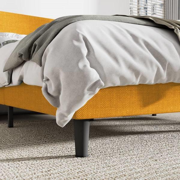 King Size Upholstered Linen Blend Headboard Wingback Platform Bed in Yellow - PRHOMZ