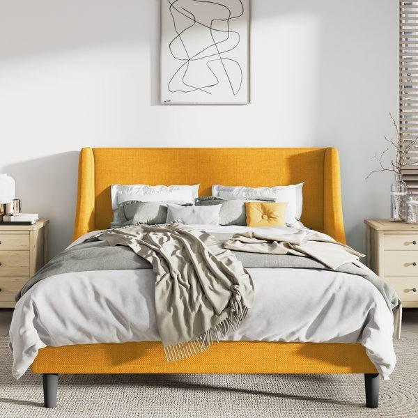 Queen Size Yellow Linen Blend Upholstered Platform Bed with Wingback Headboard - PRHOMZ