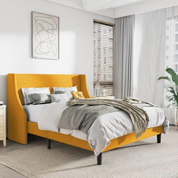 Queen Size Yellow Linen Blend Upholstered Platform Bed with Wingback Headboard - PRHOMZ