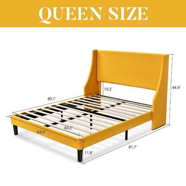 Queen Size Yellow Linen Blend Upholstered Platform Bed with Wingback Headboard - PRHOMZ