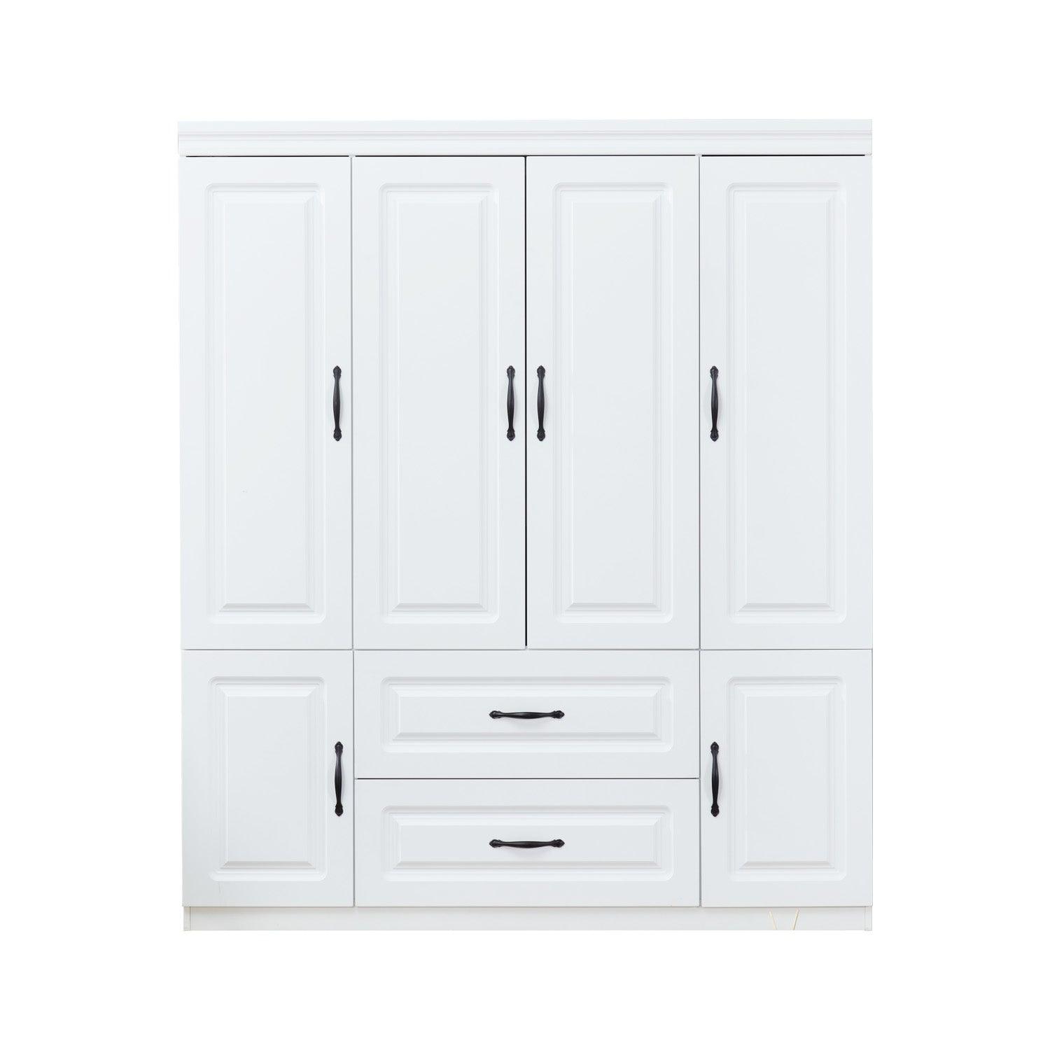 4'' H White Wooden Armoire Wardrobe Closet | Freestanding Bedroom Storage Cabinet with 4 Doors, Hanging Rod, Shelves & 2 Drawers - PRHOMZ