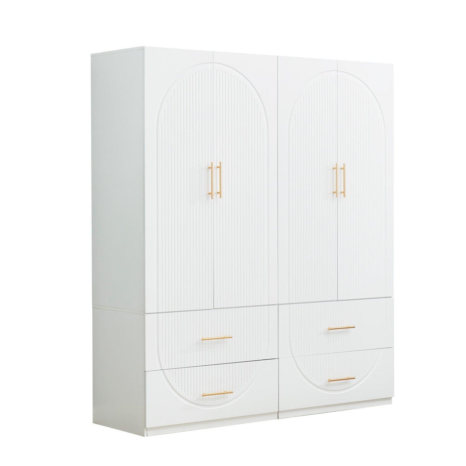 74.2'' H 4-Door White Wooden Armoire Wardrobe | Freestanding Storage Closet with Gold Handles, Hanging Rod, Shelves & Drawers - PRHOMZ