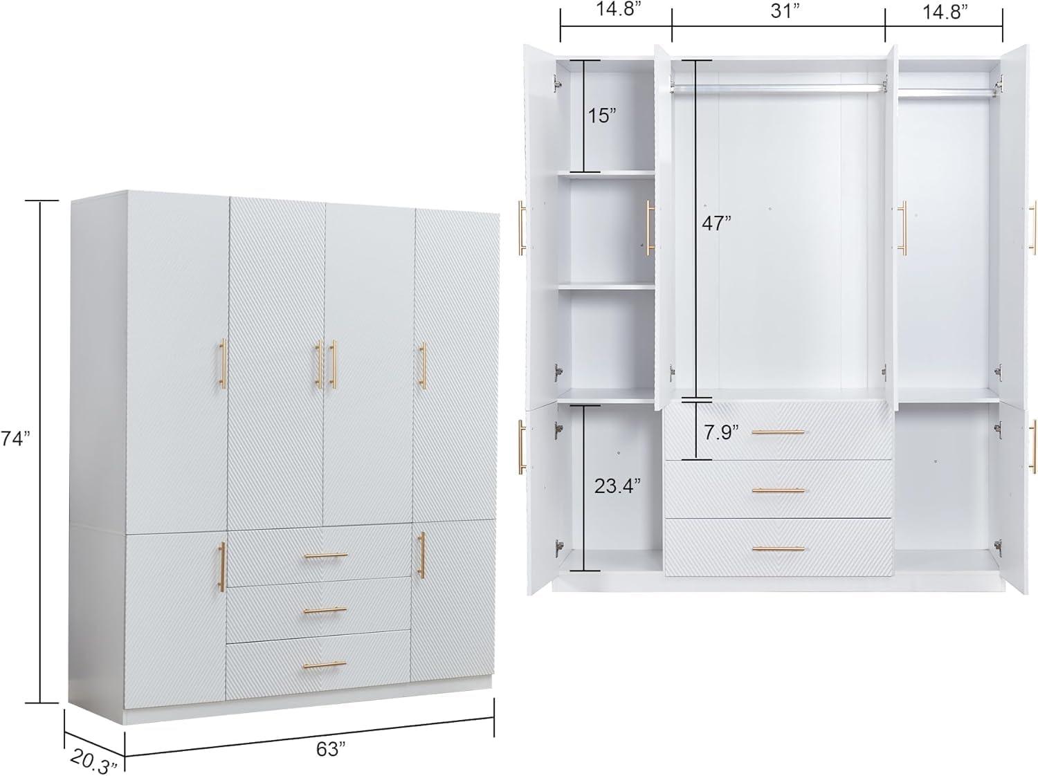 74.2" Tall White Wardrobe Closet with 4 Doors, 3 Drawers, Shelves & Hanging Rod – Freestanding Storage Cabinet for Bedroom or Bathroom Clothes Organization - PRHOMZ