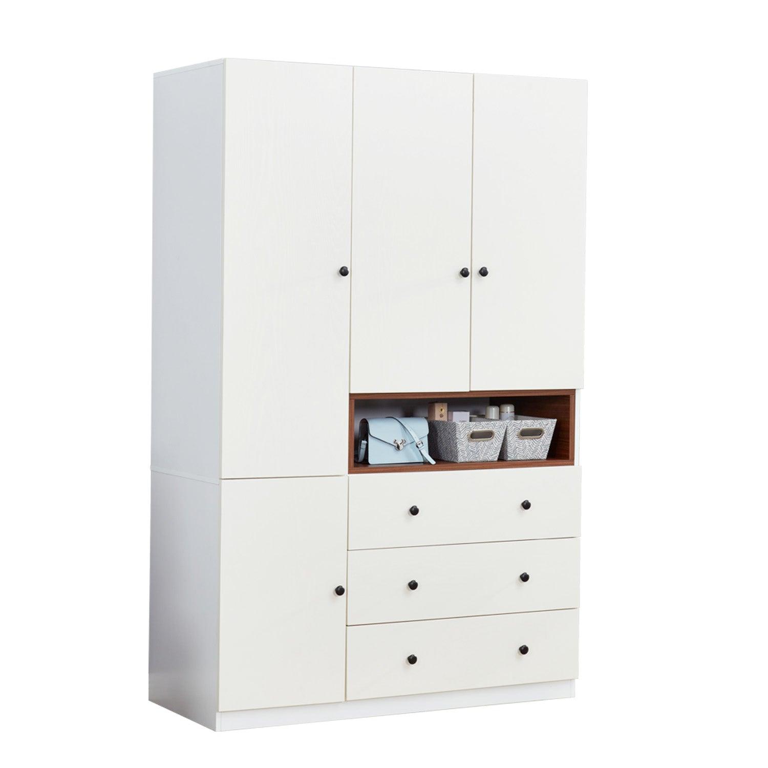 74'' H 3-Door White Wood Wardrobe Closet | Freestanding Armoire with Hanging Rod & Large Storage for Bedroom & Bathroom - PRHOMZ