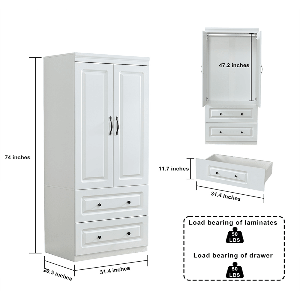 74'' White Armoire Wardrobe Closet with 2 Doors, Hanging Rod & Drawers - Large Wooden Bedroom Storage Cabinet - PRHOMZ