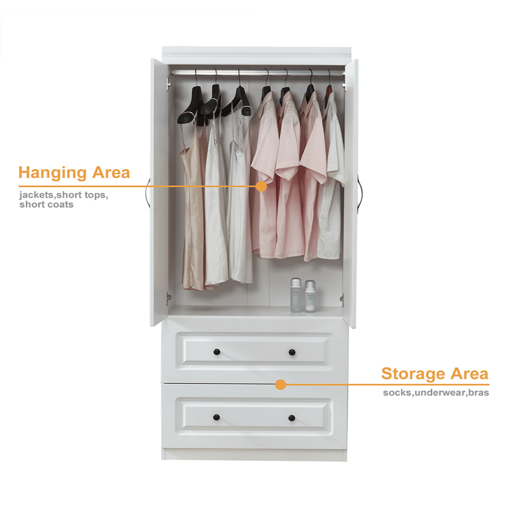 74'' White Armoire Wardrobe Closet with 2 Doors, Hanging Rod & Drawers - Large Wooden Bedroom Storage Cabinet - PRHOMZ