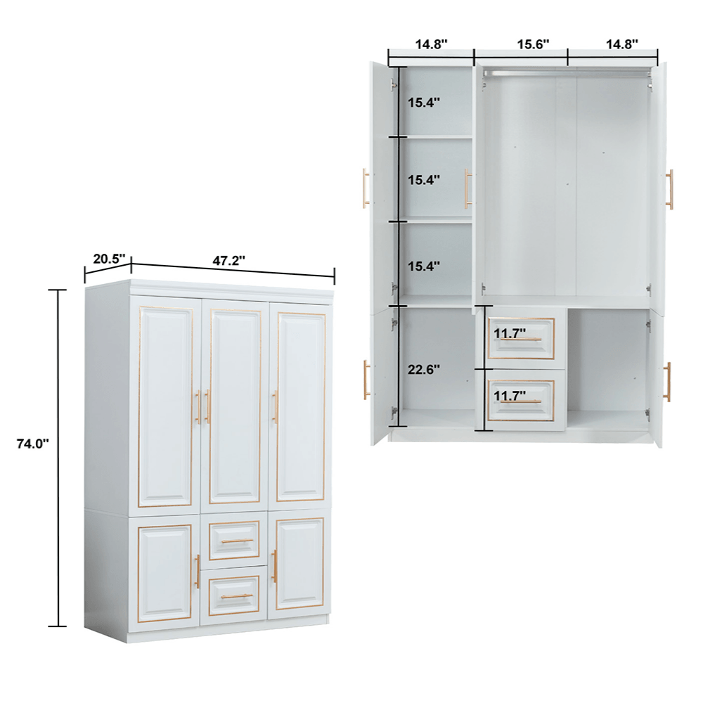74” Tall White 3-Door Wardrobe Closet with Drawers by LivelyLodge | Freestanding Bedroom Armoire & Clothes Storage Cabinet with Hanging Rod and Shelves - PRHOMZ