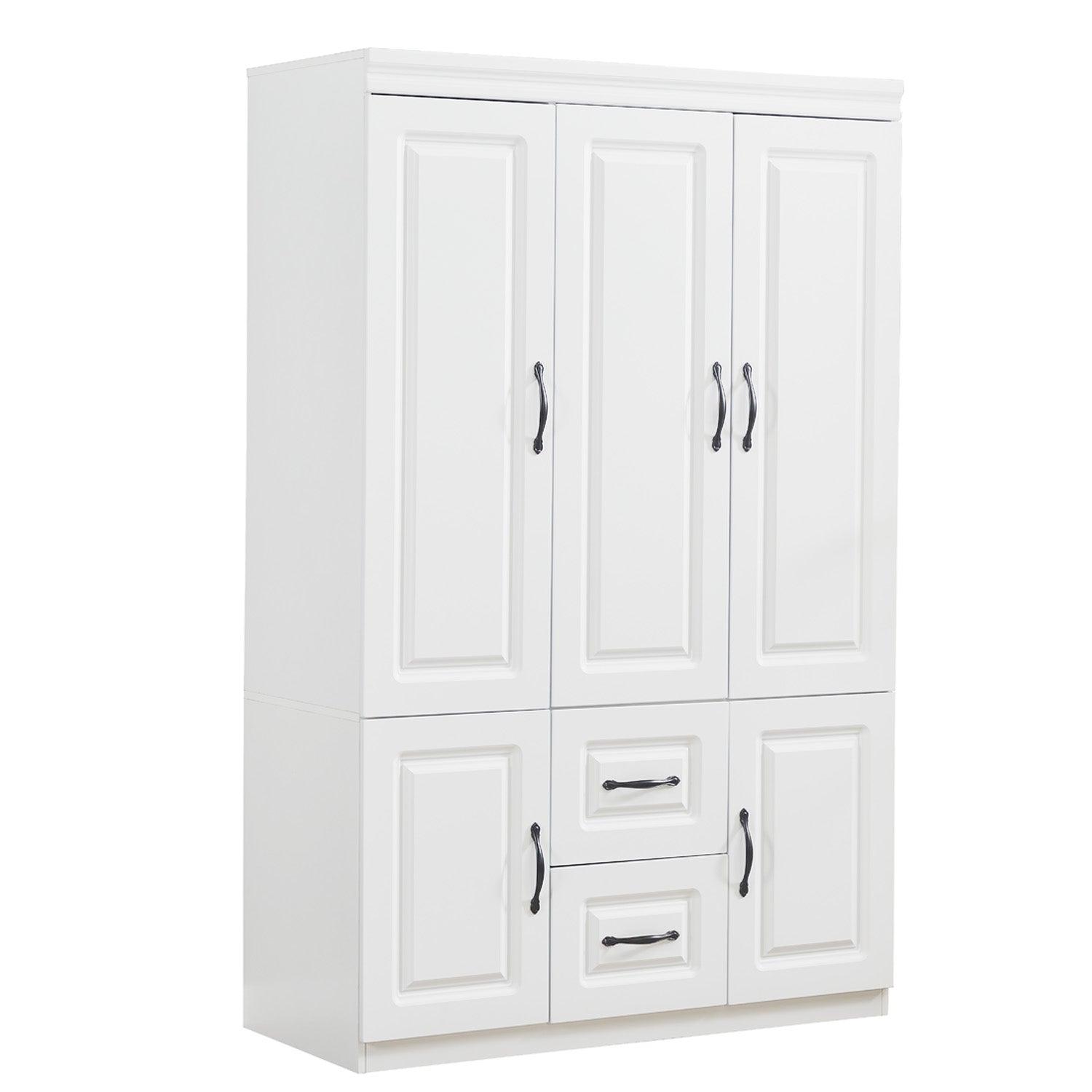 74'' White Armoire Wardrobe Closet with 3 Doors, Shelves, Hanging Rod & Drawers - Wood Storage Cabinet for Bedroom - PRHOMZ