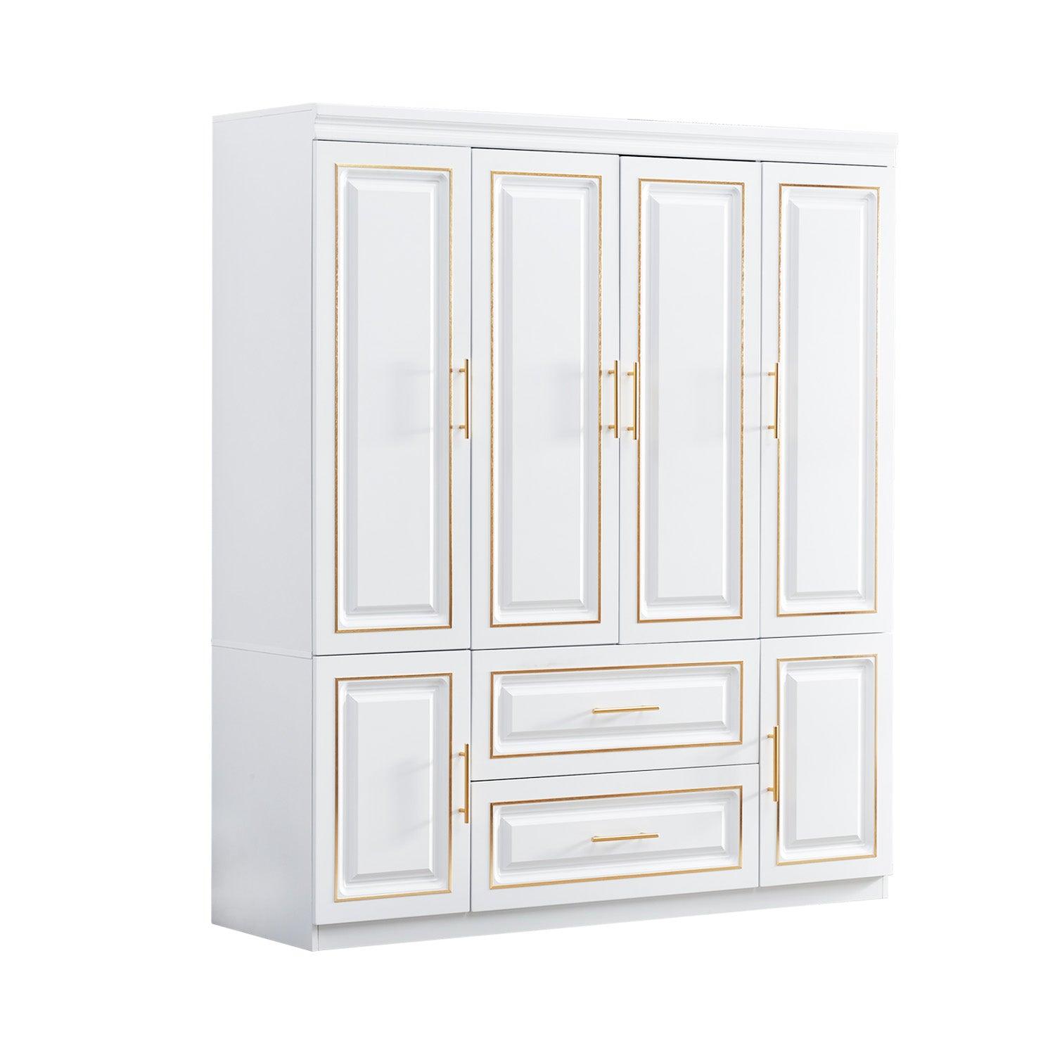 74'' H 4-Door White Wooden Wardrobe Closet | Freestanding Bedroom Armoire with 2 Drawers, Hanging Rod & Storage Shelves - PRHOMZ