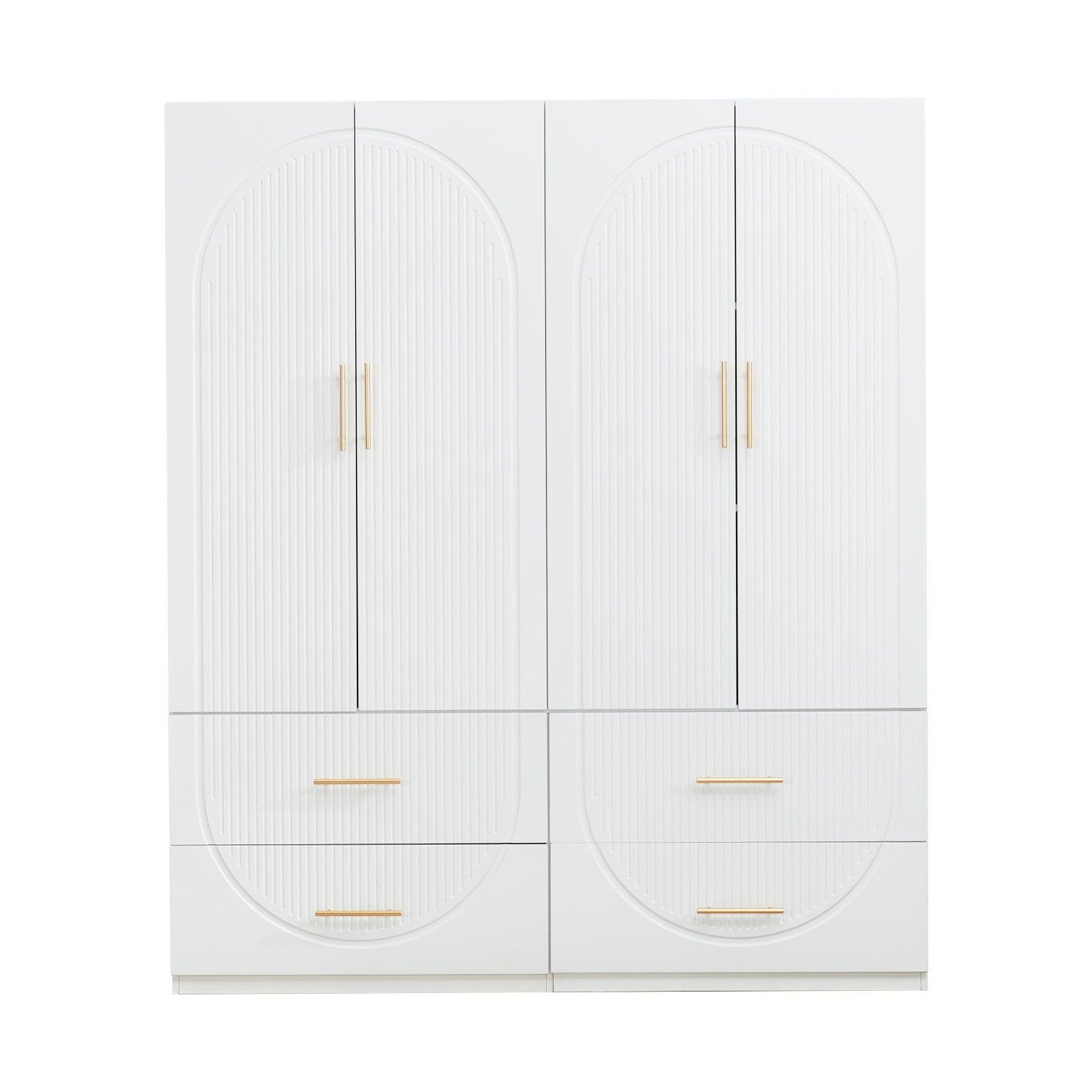 74.2'' H 4-Door White Wooden Armoire Wardrobe | Freestanding Storage Closet with Gold Handles, Hanging Rod, Shelves & Drawers - PRHOMZ