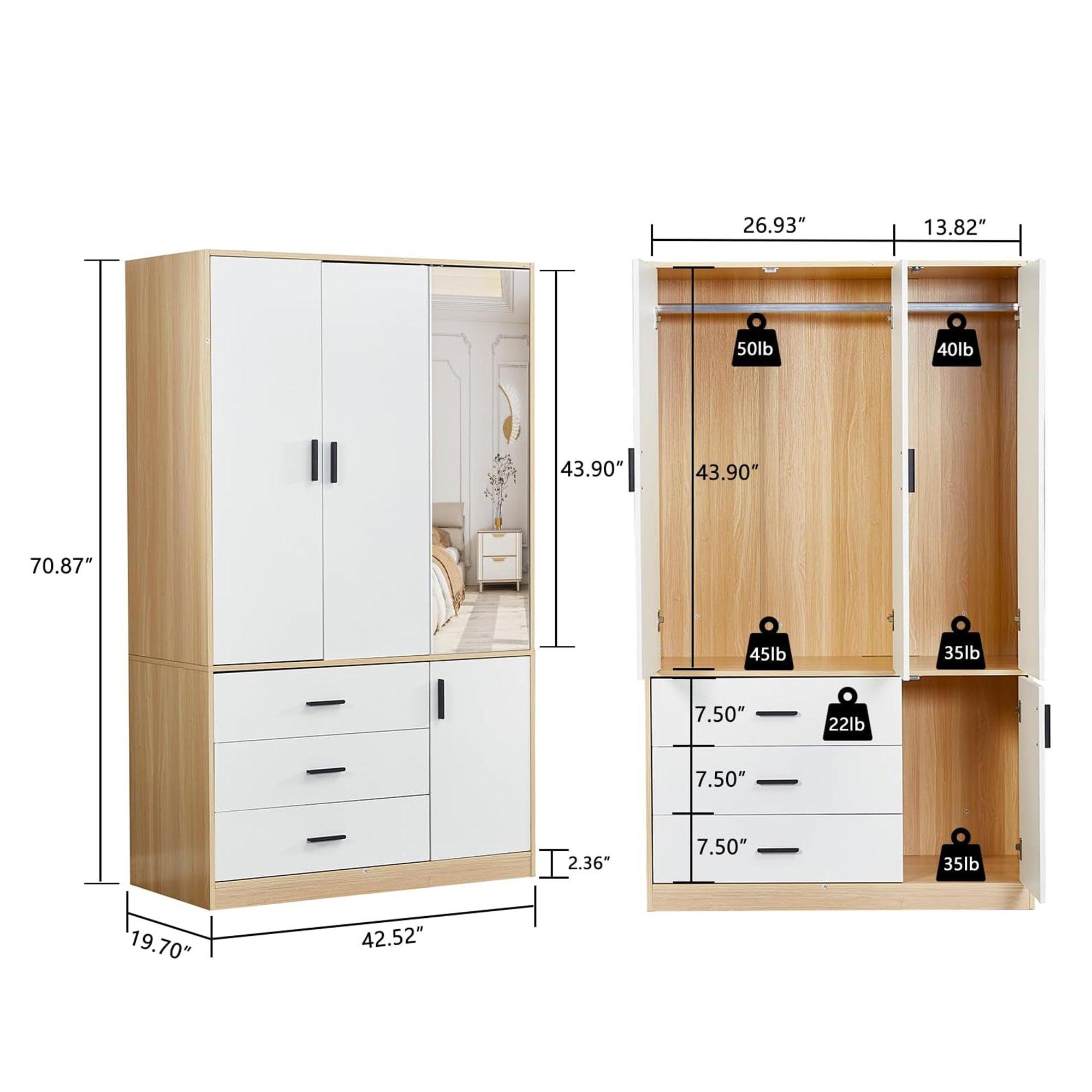 Mirror Armoire Wardrobe Closet | 3-Door White Wooden Freestanding Wardrobe with Hanging Rod & Storage Shelves - PRHOMZ