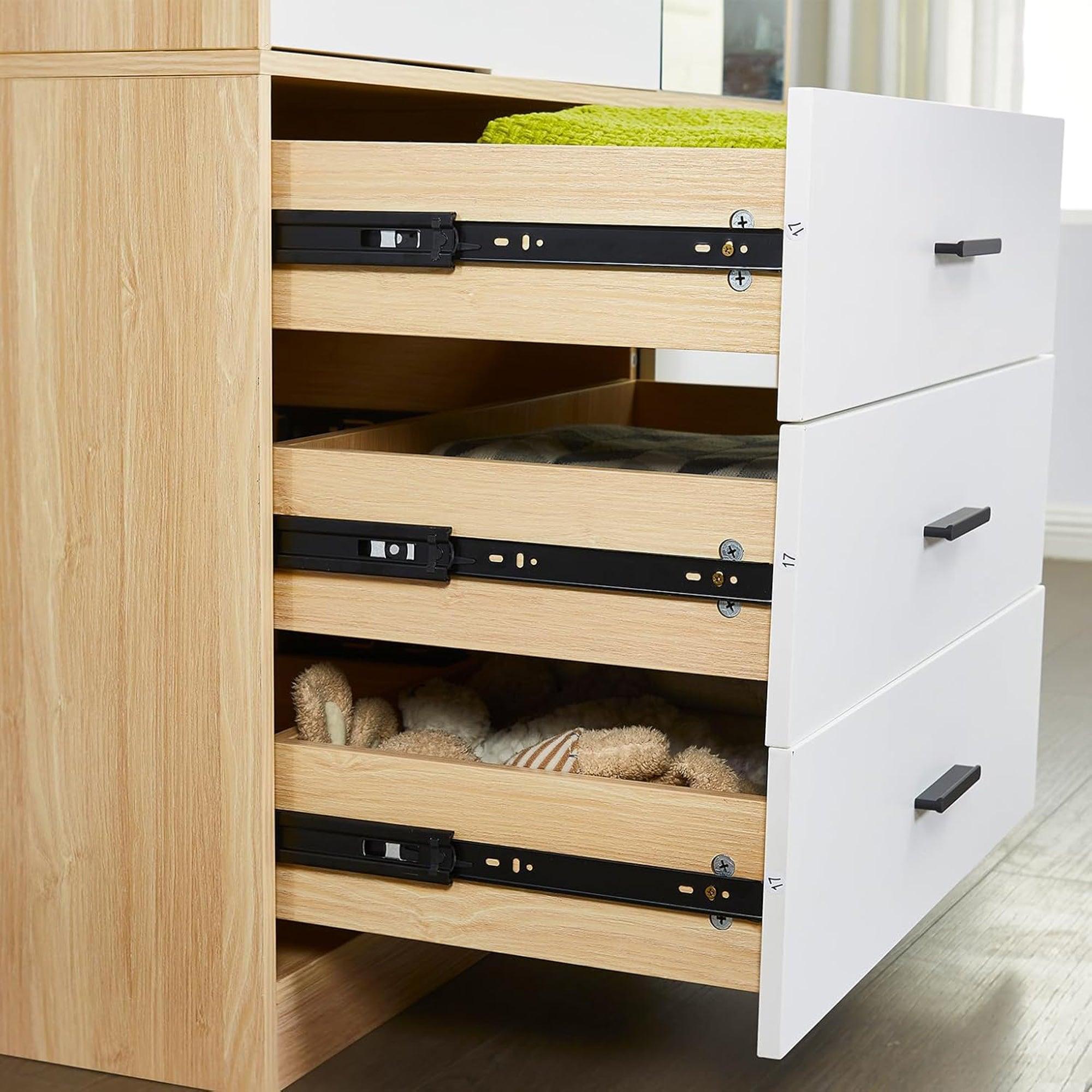 Mirror Armoire Wardrobe Closet | 3-Door White Wooden Freestanding Wardrobe with Hanging Rod & Storage Shelves - PRHOMZ