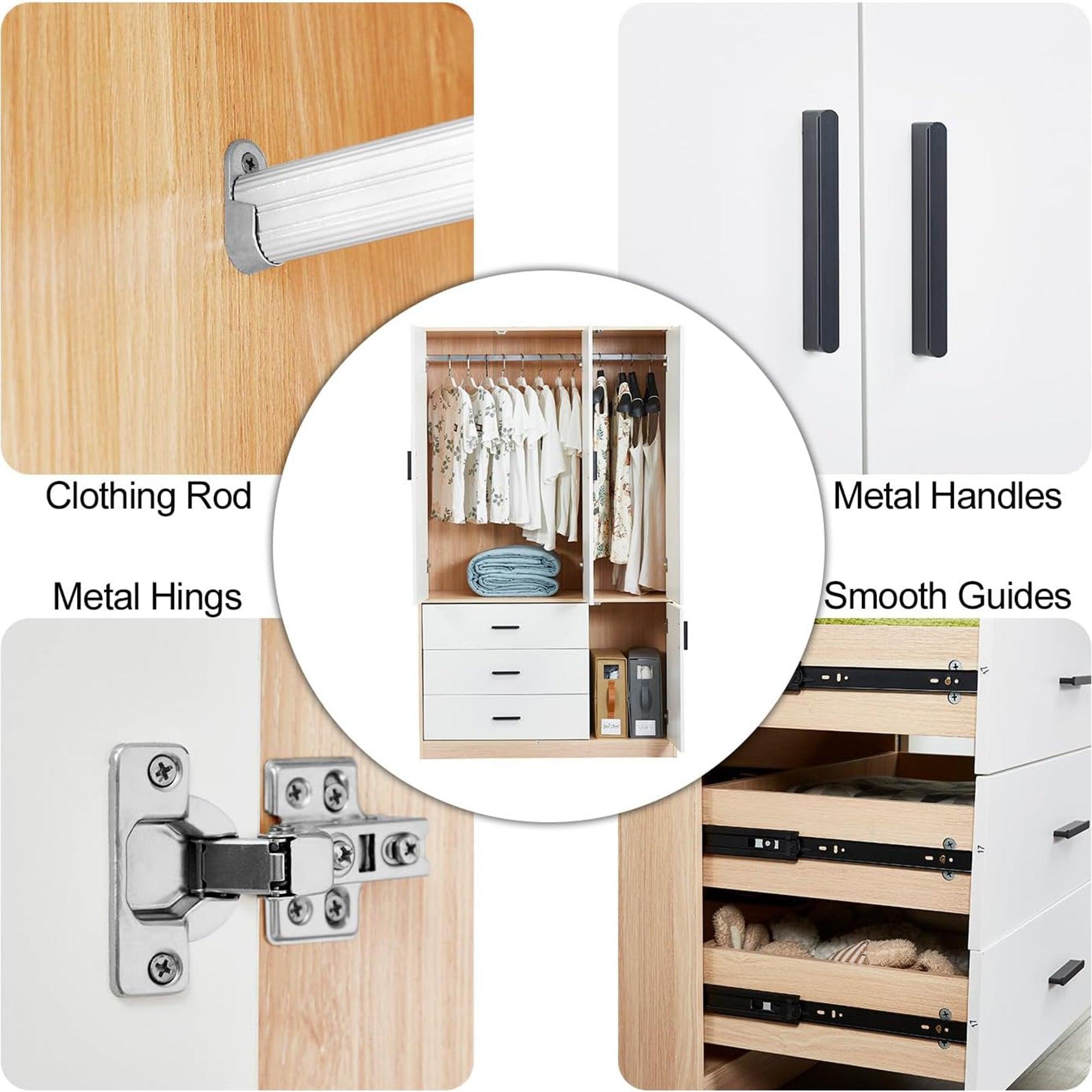 Mirror Armoire Wardrobe Closet | 3-Door White Wooden Freestanding Wardrobe with Hanging Rod & Storage Shelves - PRHOMZ