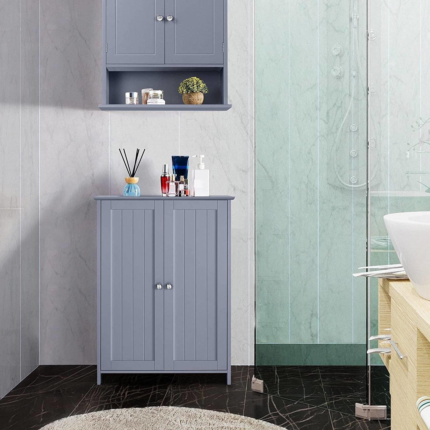 Gray Wood 2-Door Freestanding Bathroom Floor Cabinet Kitchen Storage Cupboard - PRHOMZ