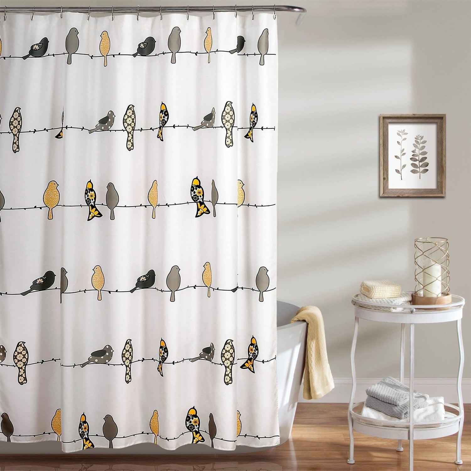 72 x 72 inch Yellow Grey Birds Floral Polyester Machine-Washable Shower Curtain - PRHOMZ