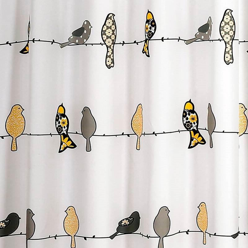 72 x 72 inch Yellow Grey Birds Floral Polyester Machine-Washable Shower Curtain - PRHOMZ