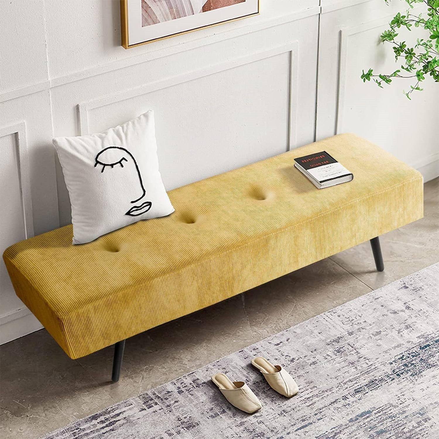 Modern Yellow Corduroy Upholstered End of Bed Bench with Black Metal Legs - PRHOMZ