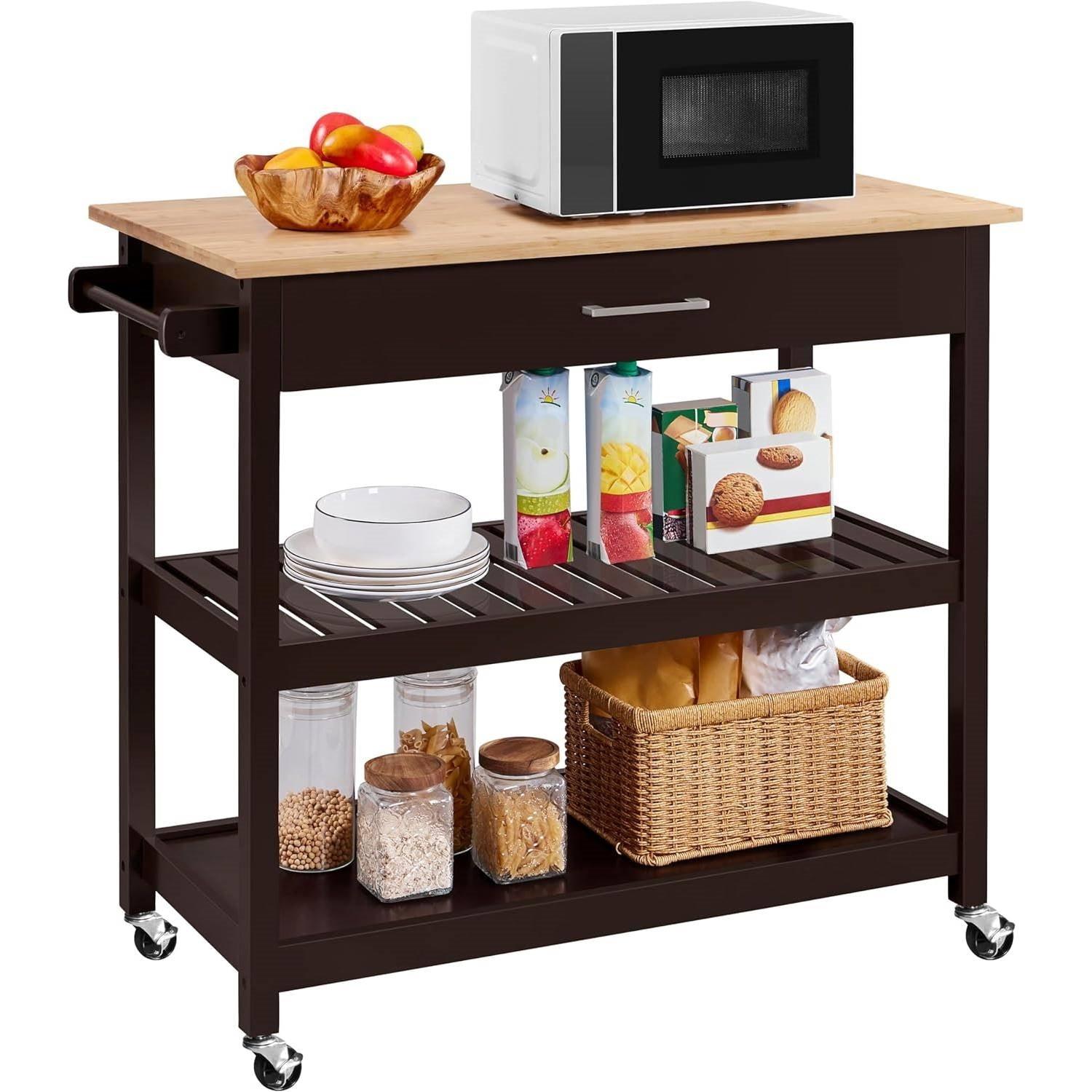 Black Kitchen Island Cart with Wood Top 2-Shelves Drawer and Locking Wheels - PRHOMZ