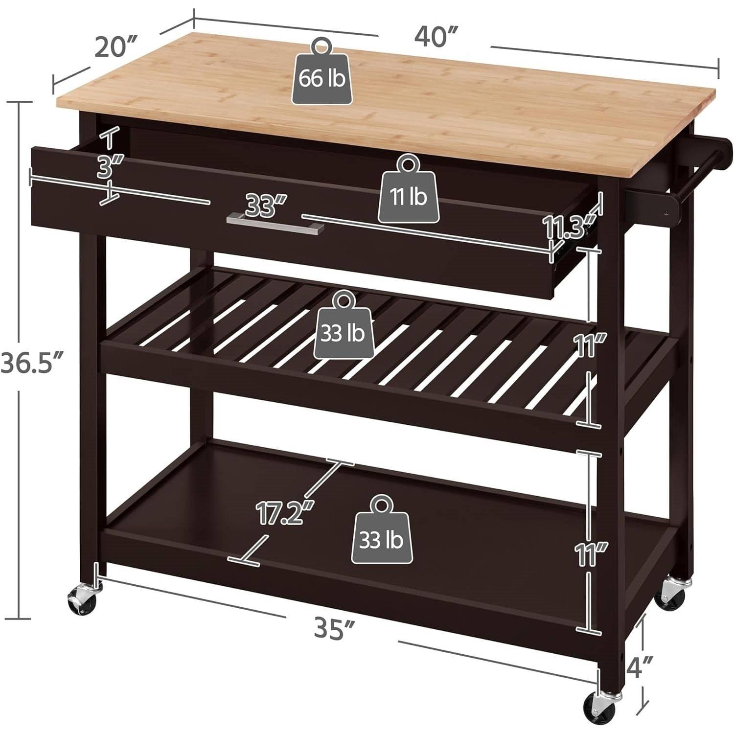 Black Kitchen Island Cart with Wood Top 2-Shelves Drawer and Locking Wheels - PRHOMZ