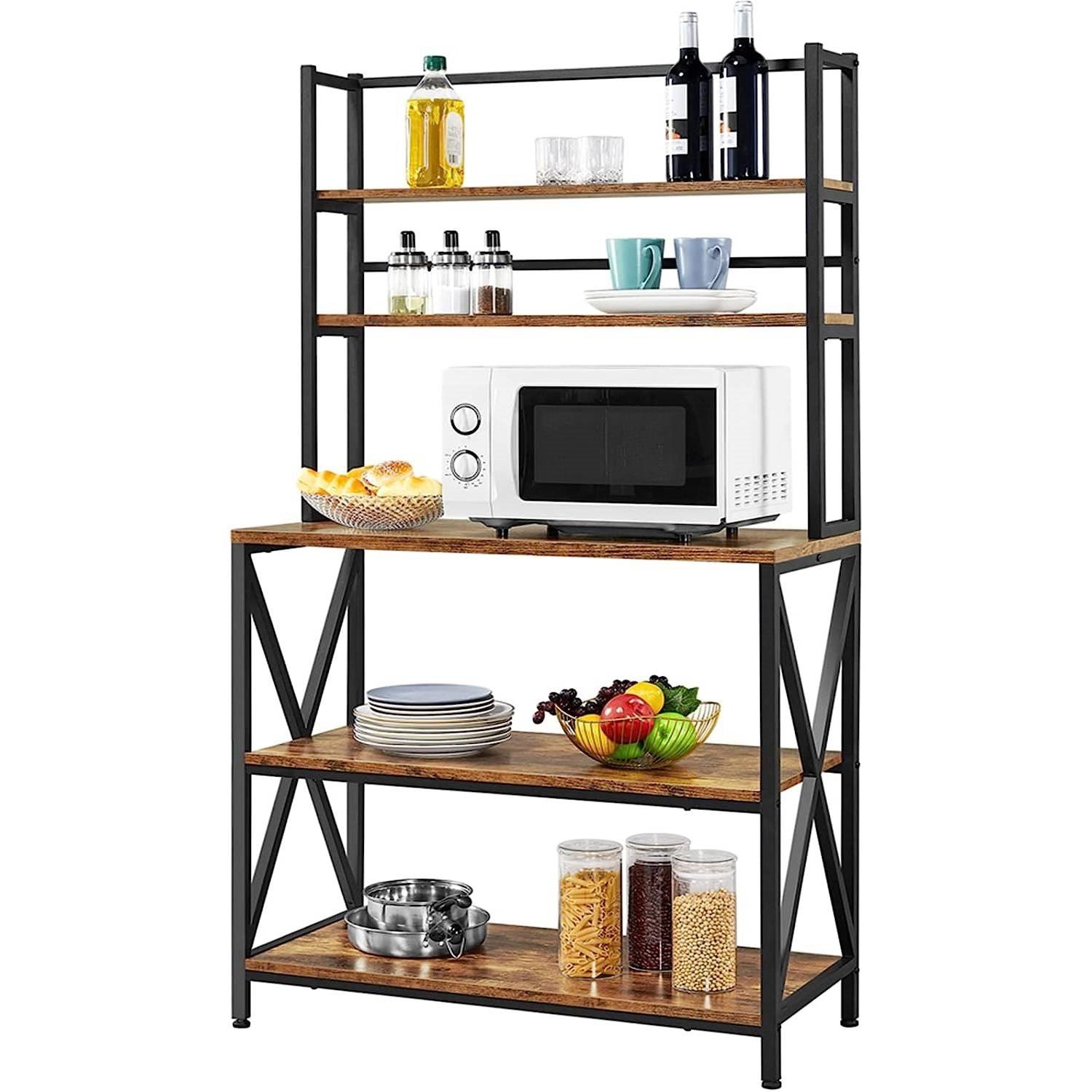 Modern Industrial Metal Wood Bakers Rack Kitchen Storage Shelf - PRHOMZ
