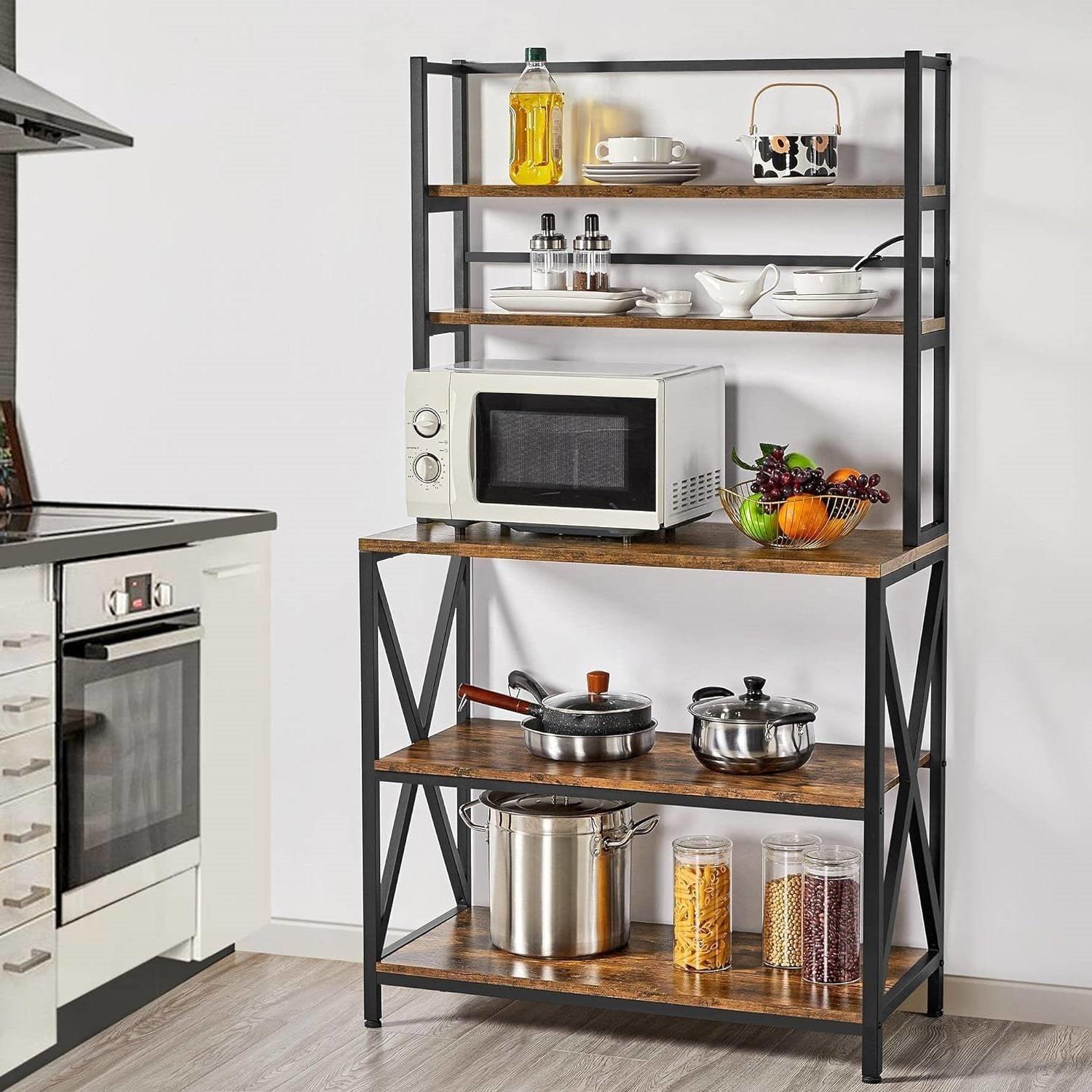 Modern Industrial Metal Wood Bakers Rack Kitchen Storage Shelf - PRHOMZ