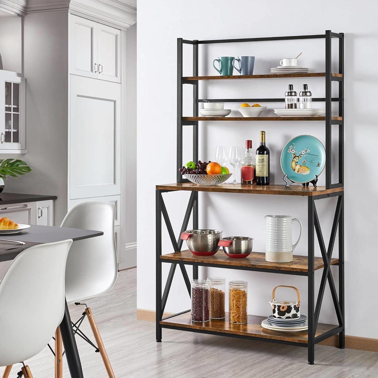 Modern Industrial Metal Wood Bakers Rack Kitchen Storage Shelf - PRHOMZ